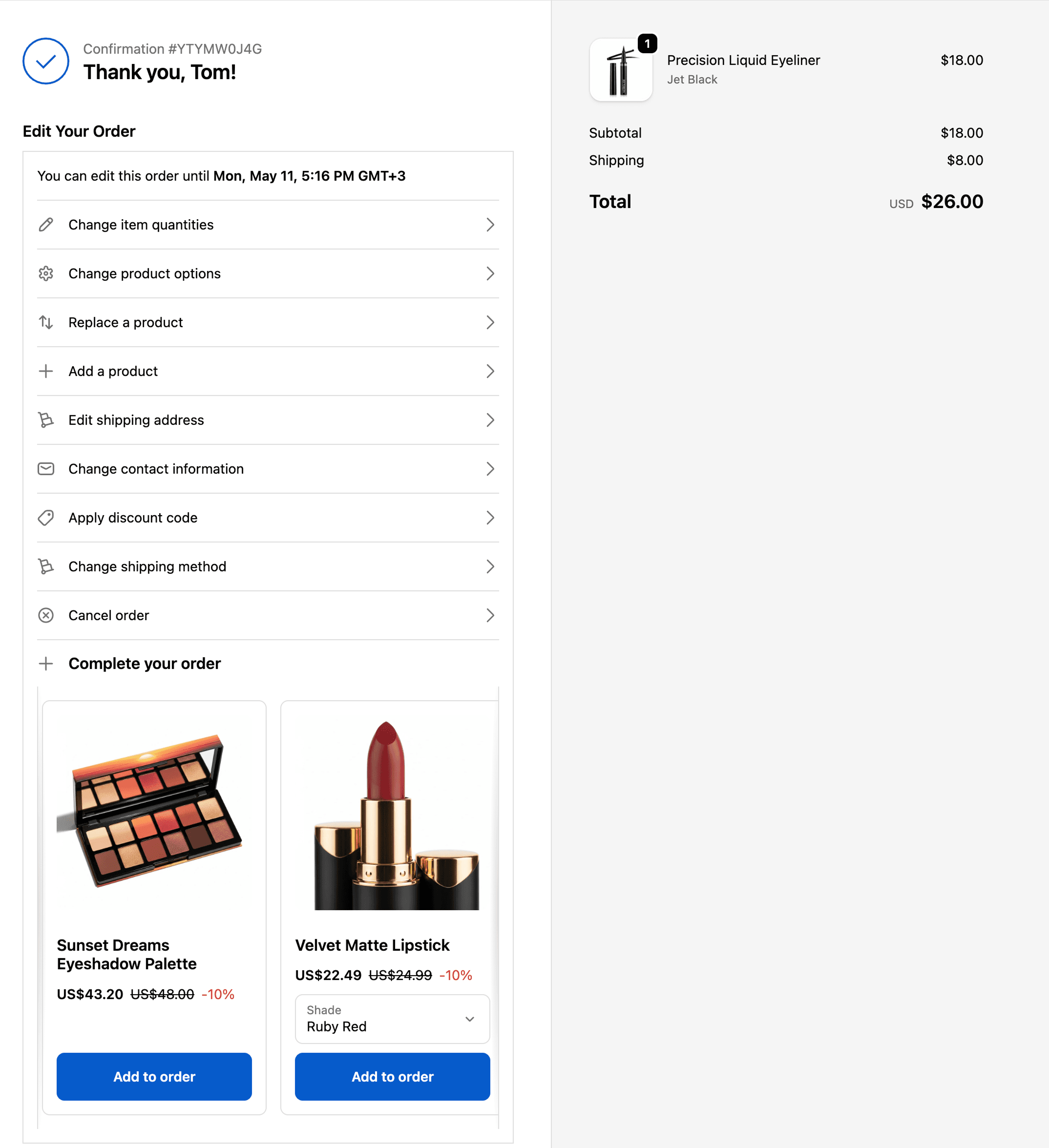Triom 'Edit your order' panel on the Thank You page with a post-purchase upsell strip below it