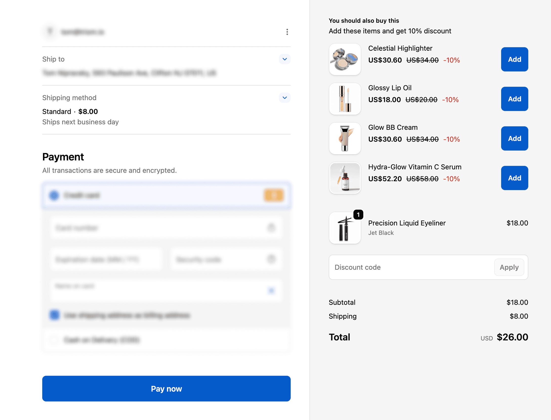 Triom checkout upsell rendered inside the Shopify checkout cart section with a discounted product offer